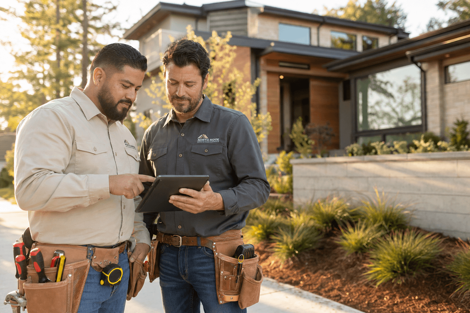 Professional contractors reviewing project details on a tablet at a modern home