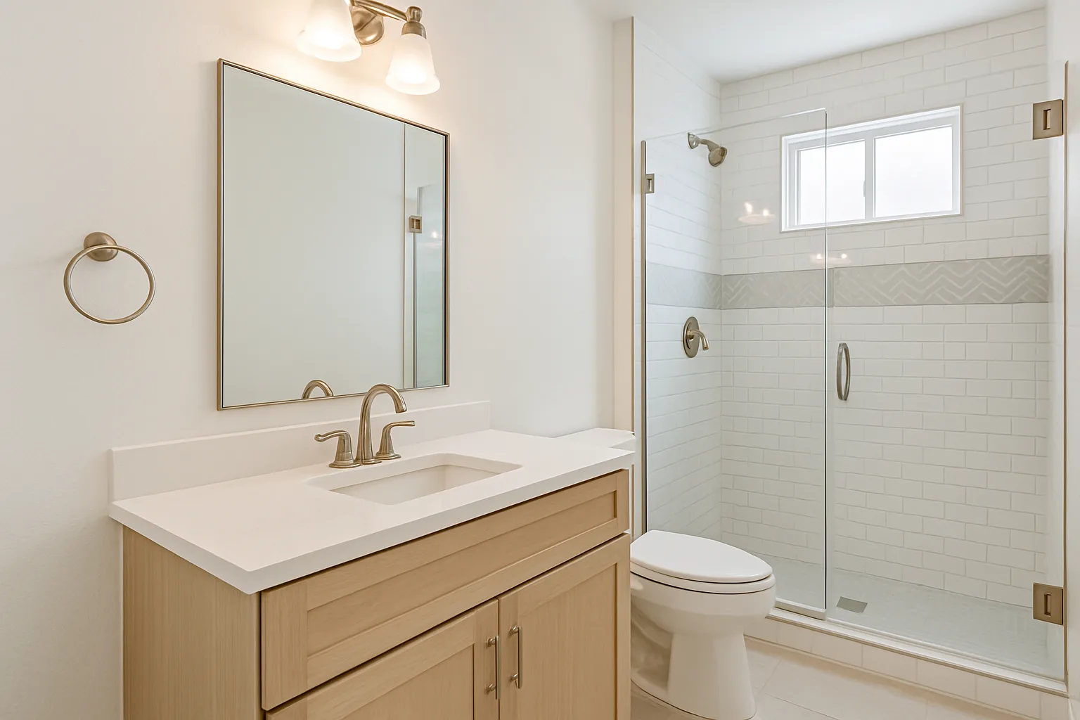 Bright bathroom with vanity, mirror, shower tile, and glass shower enclosure.