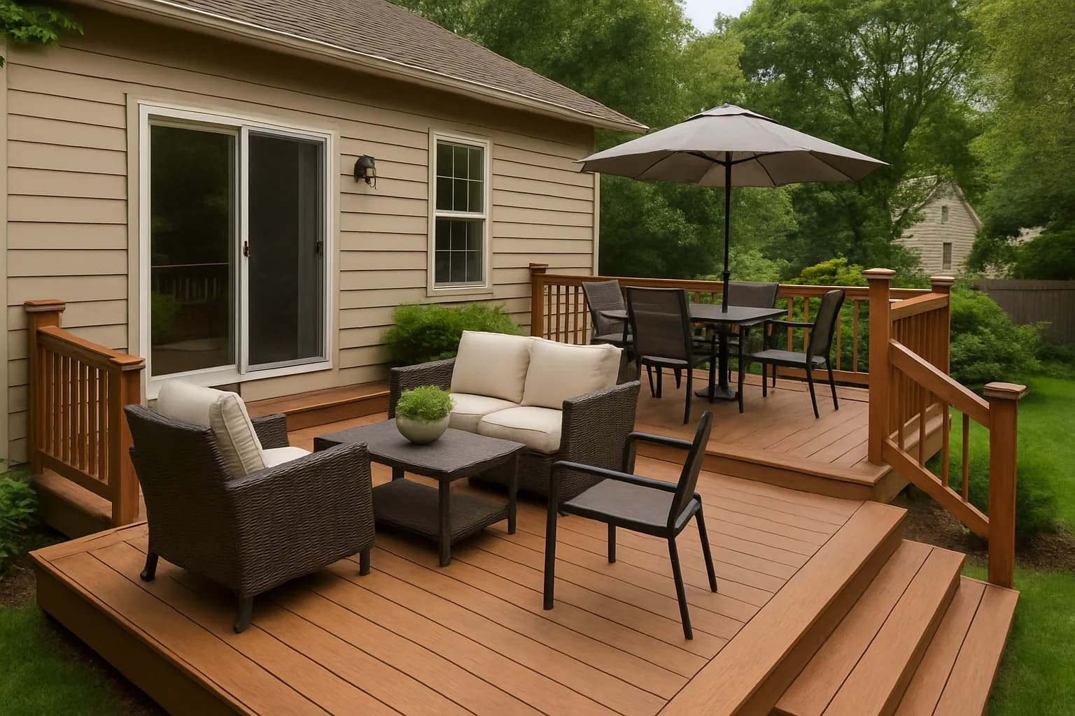 Backyard deck with wood-toned boards, seating area, and railing.