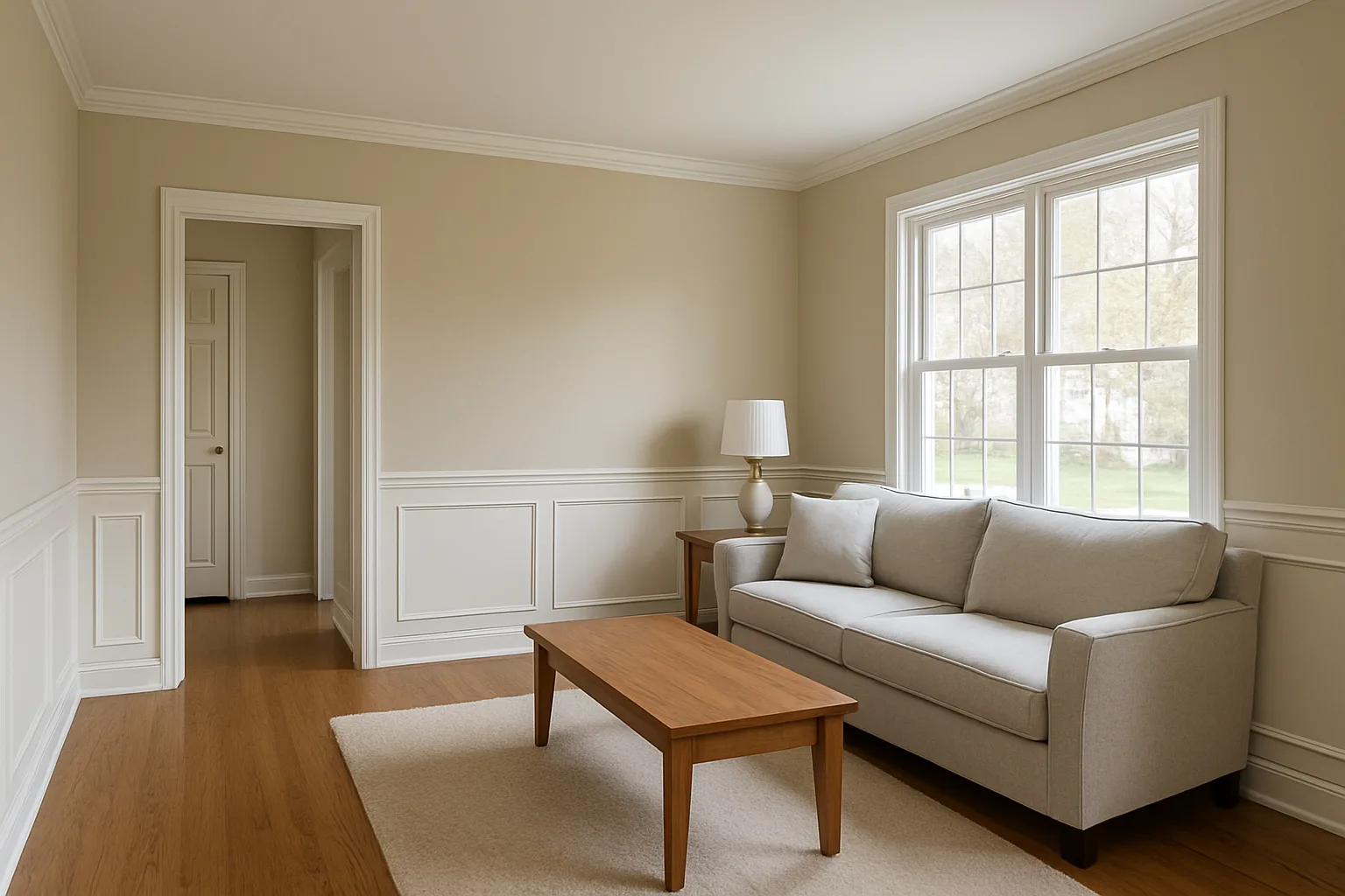 Neutral freshly painted room with trim detail, sofa, and natural light.
