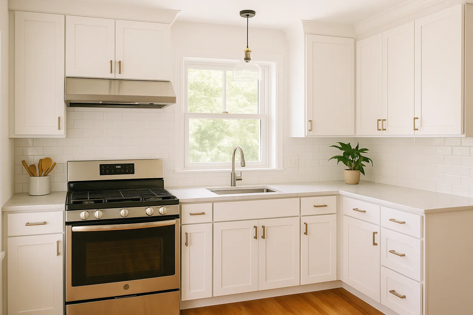 Bright kitchen with white cabinets, counters, backsplash, and natural light.