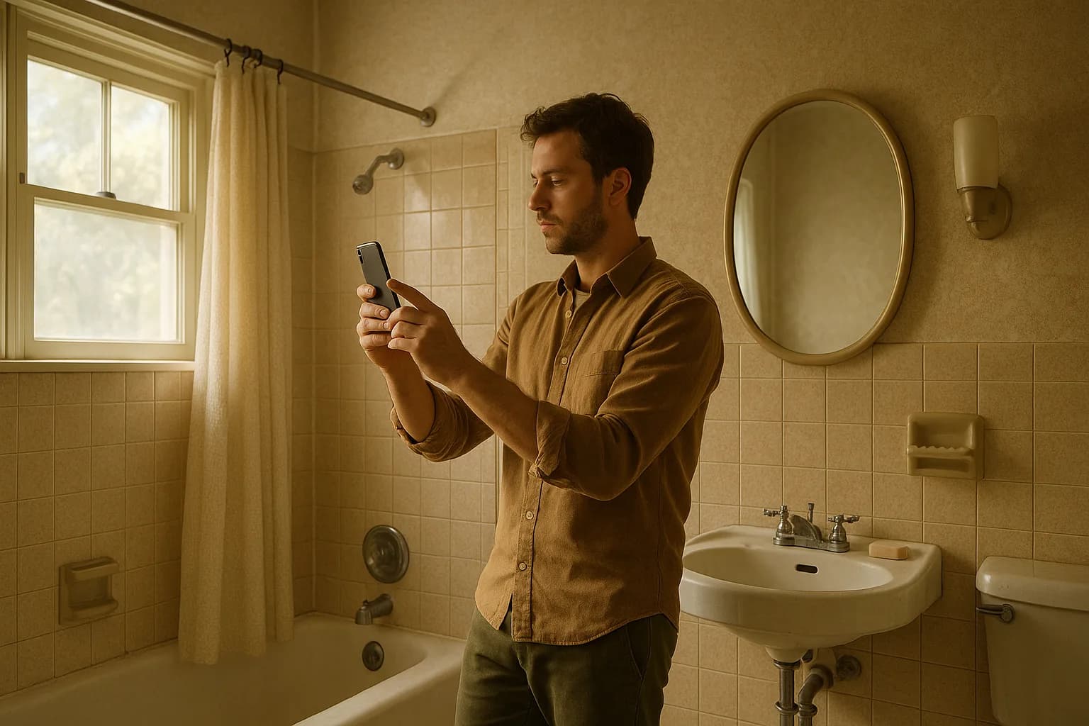 Homeowner photographing a dated bathroom before starting a renovation plan.