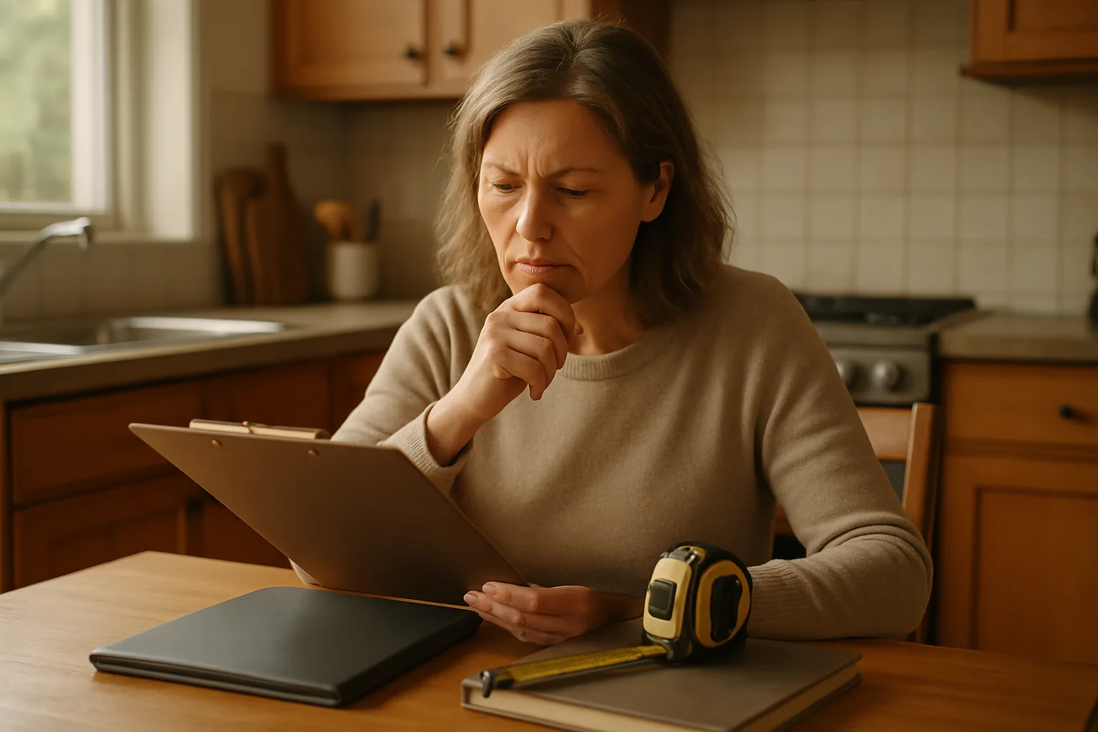Homeowner reviewing renovation paperwork and measurements at a kitchen table before hiring.
